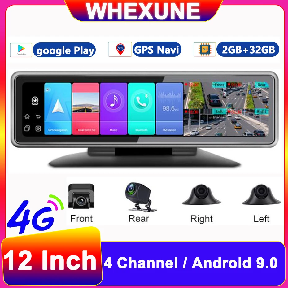 

4 Camera 4G Car Rearview Mirror DVR Android 9.0 GPS Navigator ADAS Video Recorder Dashboard Bluetooth WiFi App Remote Monitoring