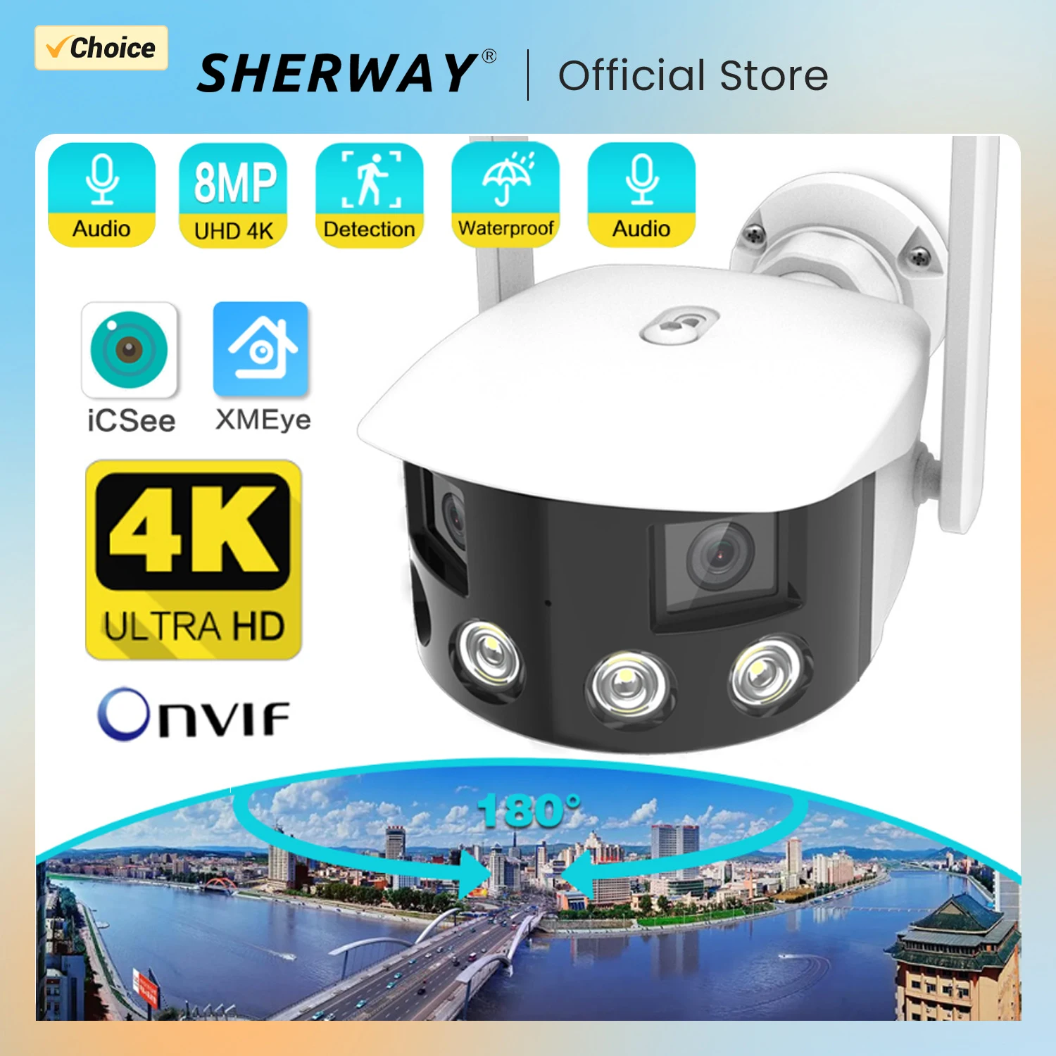 

SHERWAY Outdoor 4K 8MP 4MP 180° Ultra Wide View Angle Panoramic WIFI Dual Lens Fixed IP Camera AI Human Detection Security Cam