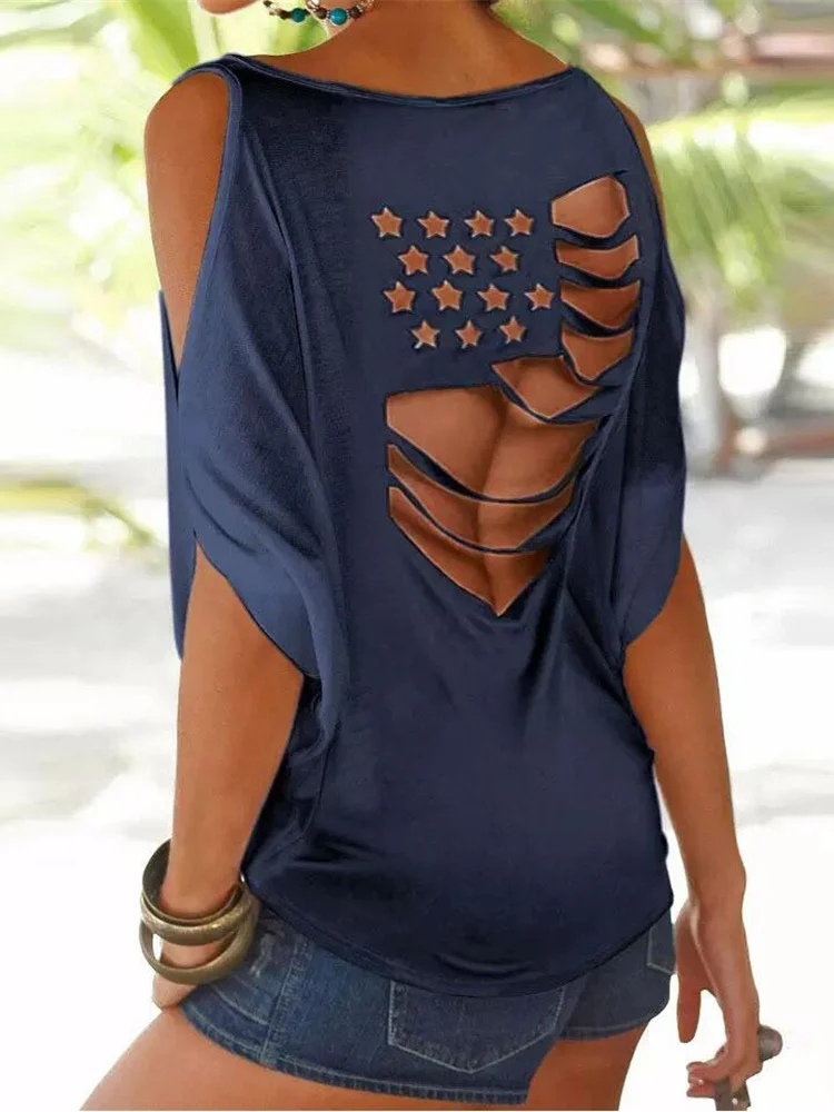 

Mandylandy Women Elegant Summer Back Hollow Out Loose Shirt Top Fashion Female Y2K Off Shoulder Short Sleeve T-shirt Streetwear