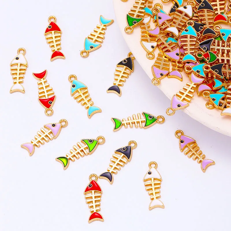 

20pcs 8*23mm Alloy Fish Bone Necklaces Accessories Oil Dripping Resin Animal Pendants for Jewellery Making DIY Bracelet Earrings