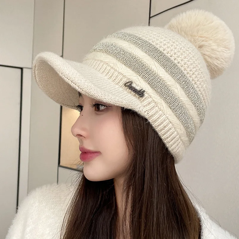 Зимние шапки для женщин бейсболка с помпоном из кроличьего меха вязаная зимняя