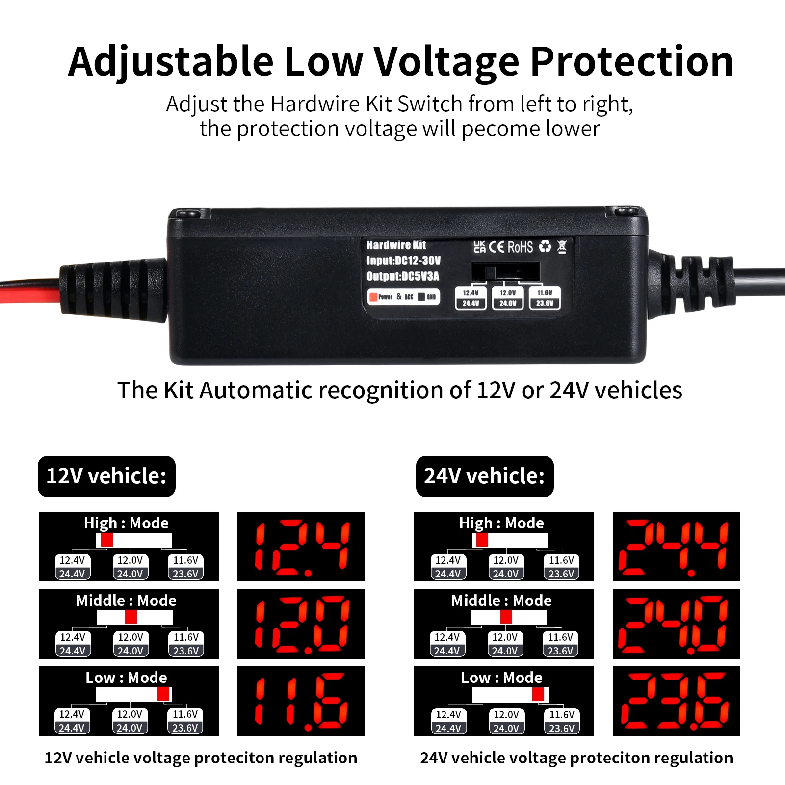 Фото Кабель питания REDTIGER для видеорегистратора OBD, USB-C, 3 м, 12В-24В на 5В, с защитой от низкого напряжения №4