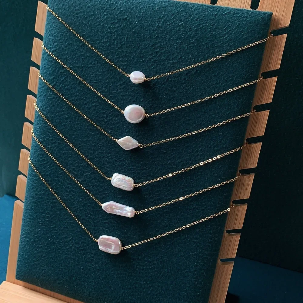 Ожерелье женское из натурального пресноводного жемчуга, колье-цепочка из нержавеющей стали, асимметричное прямоугольное колье с бусинами и барочным жемчугом image_2