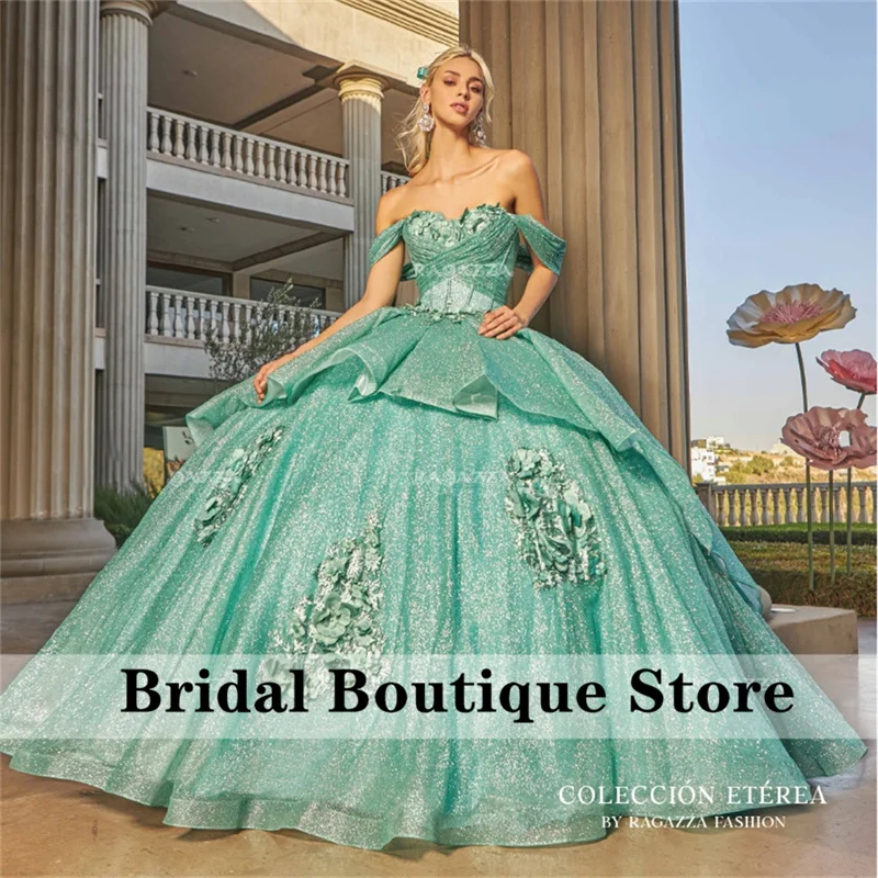 

Ice Blue Luxury Shiny Princess Quinceanera Dress 2023 16th Birthday Party Ball Gown Appliques Crystals Vestidos De 15 Años