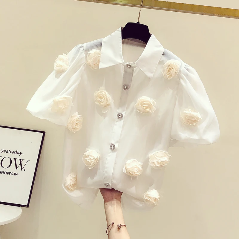 

SuperAen 2022 Summer New Style Three-dimensional Flower Short Sleeve Bubble Sleeve Fashion Shirt Blouse