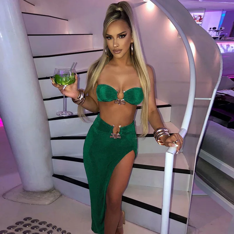 

Sexy Strapless Crop Tube Top Two-piece Suit High Waist Short Sets Summer Fashion Streetwear Slit Long Skirt Skirt Sets for Women