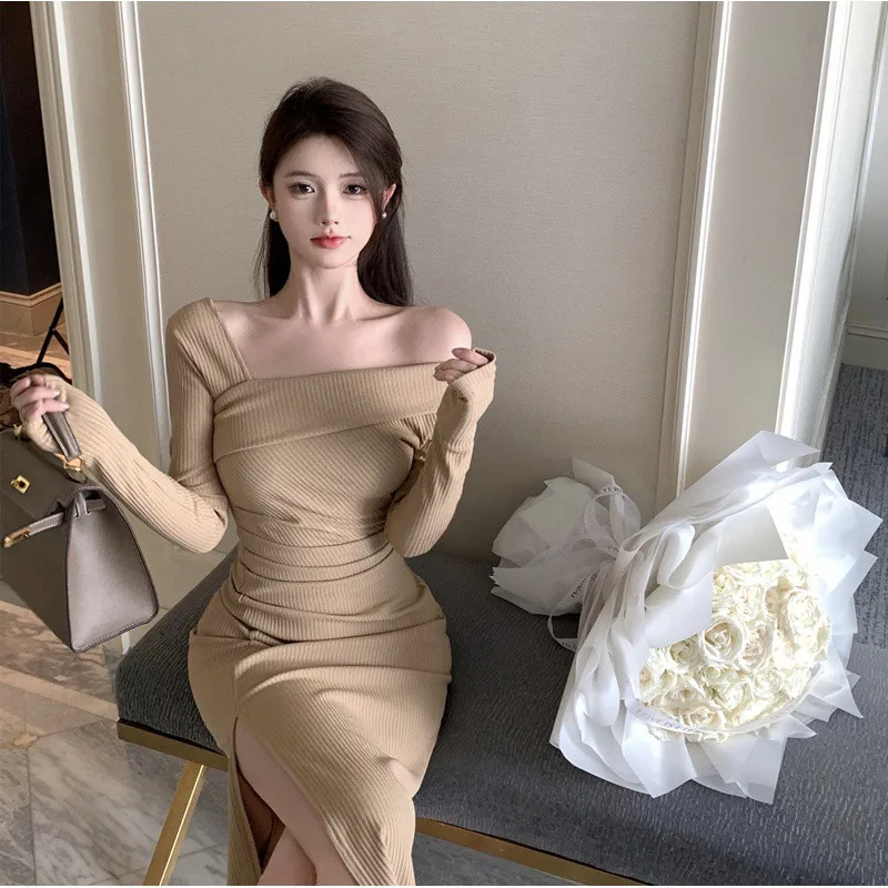 

Милое и острая трикотажное женское платье с перекрестными краями, французское платье с одной линией горловины, тонкое банкетное платье