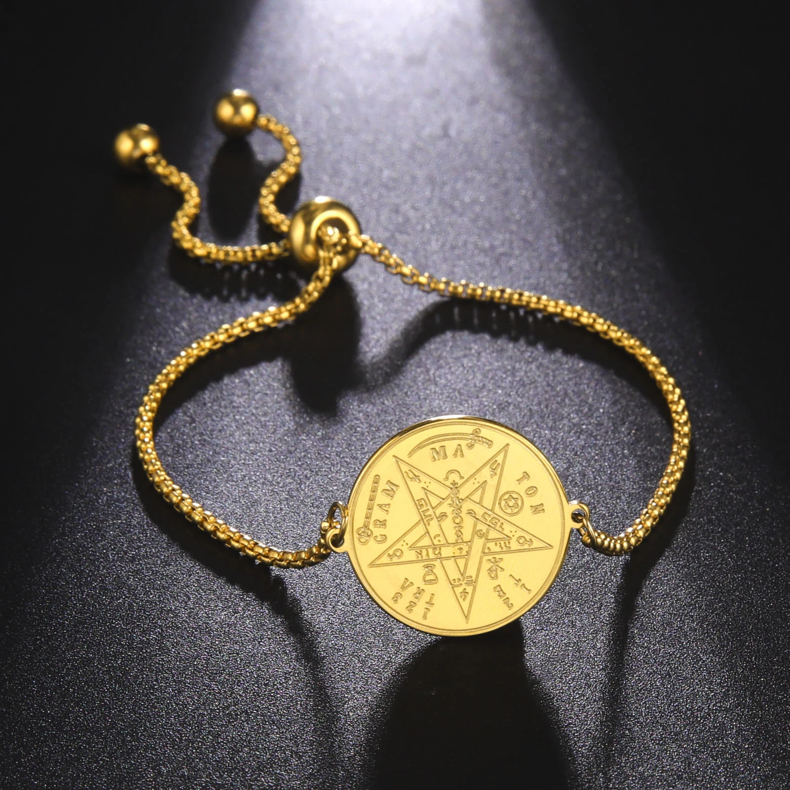 Wicca Pentagram Witch Coin Bracelet for Women Vintage Tetragrammaton Solomon Seal Amulet Sacred Geometry Stainless Steel Jewelry