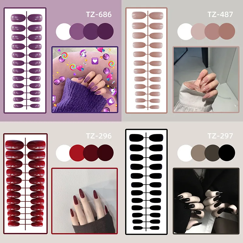 

24Pcs/Set Long Round Head Bright Solid Color Press On Acrylic Nail Art Fake Nails Finished Wearing Manicure Reusable False Nails