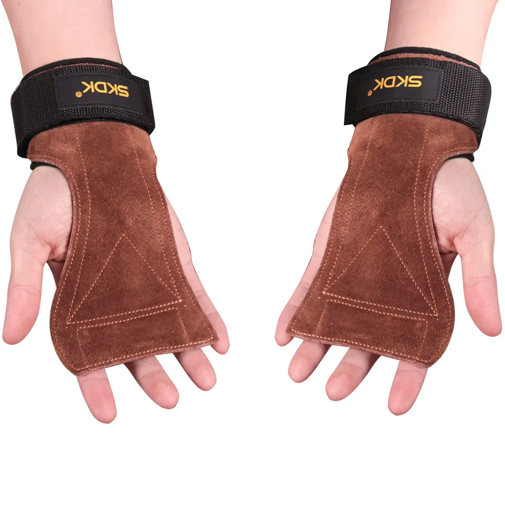 Unisex Cowhide Gym Gloves Grips Anti-Skid Weight Lifting Grip Pads Deadlifts Workout Crossfit Fitness Gloves Palm Protection