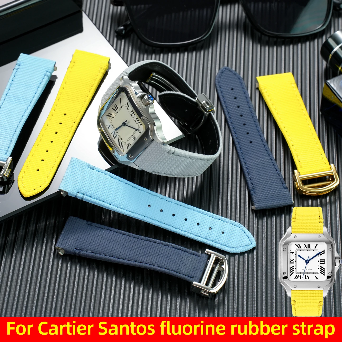 Фото Ремешок из фторкаучука с возможностью выбора из 24 цветов для Cartier Santos WSSA0009 WSSA0010, быстросъемный ремешок для часов из FKM-каучука, 19-21 мм. №1