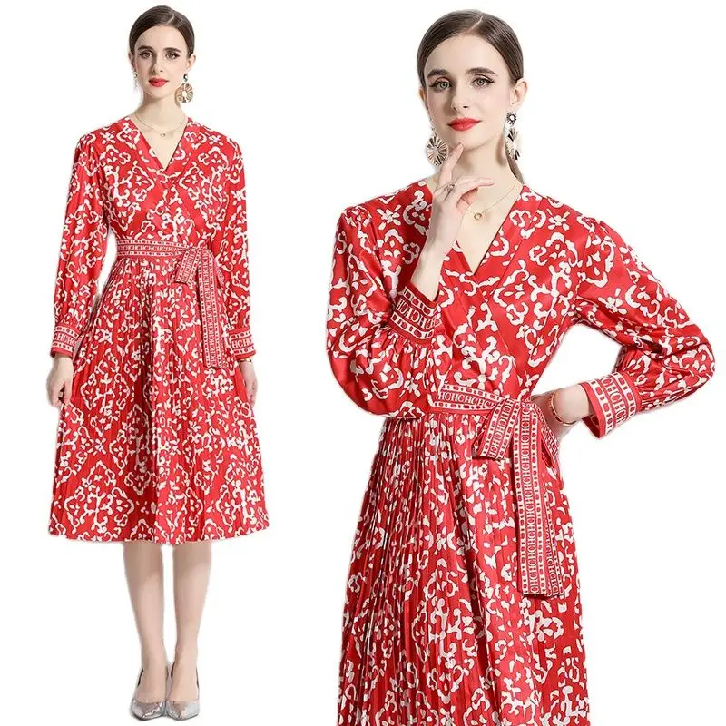 

Long Sleeve Print Red Midi Pleated Dress 2023 Women Designer V-Neck Slim A-Line Lace Up Bow Dresses for Party Birthday Ballgown
