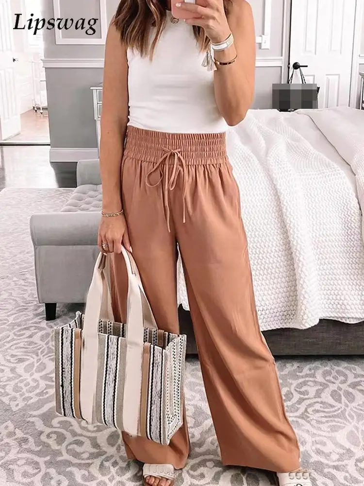 

Women 2022 Spring Elegant Solid Tie-Up High Waist Trousers Summer Fashion Loose Beach Wide Leg Pants Vintage Straight Sweatpants