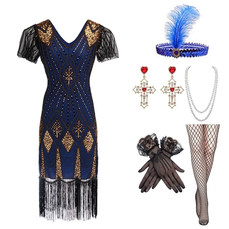 

Wepbel 1920 Vintage Sequined Dress Women Short Sleeve Beaded Tassel Dance Party Dress Gatsby Suit Slim Fits Retro V-neck Dress