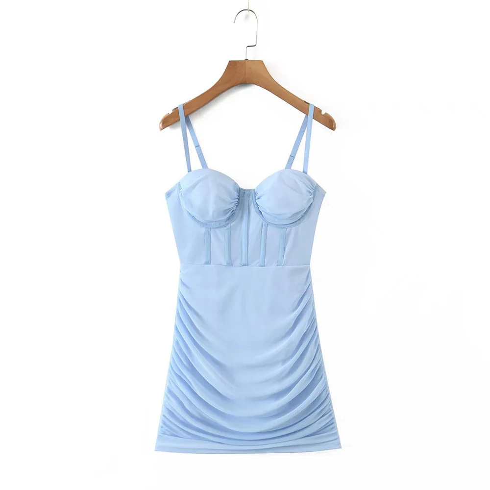 

PB & ZA2022 summer new sexy fashion women's clothing stitching slimming pleated design mesh sling dress