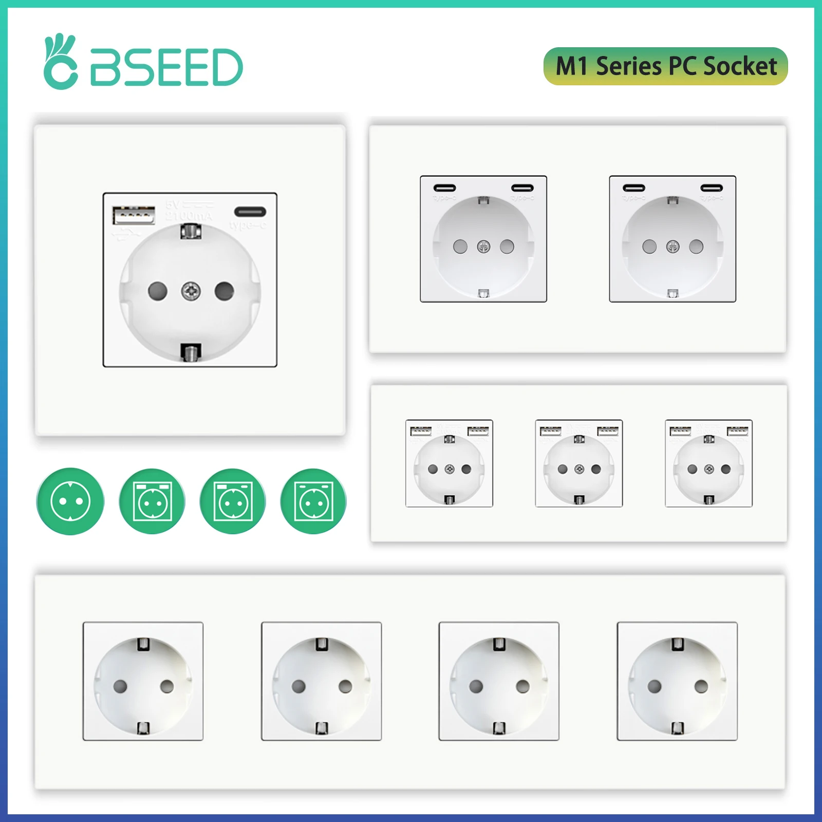 Фото Настенная розетка BSEED M1 серии EU, розетки USB Type-C, розетки с двойной пластиковой рамкой, тройные вилки питания, защита детей 16A №1