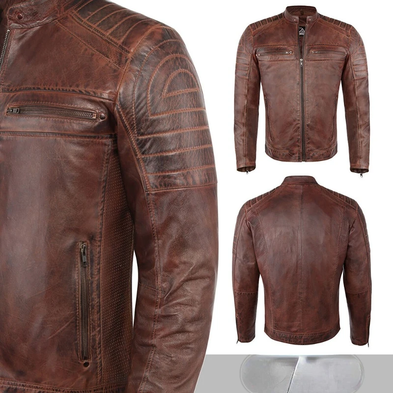 Men's Leather Jacket Retro Cafe Racer Brown Slim Real Bicycle Jacket European and American Fashion Trend