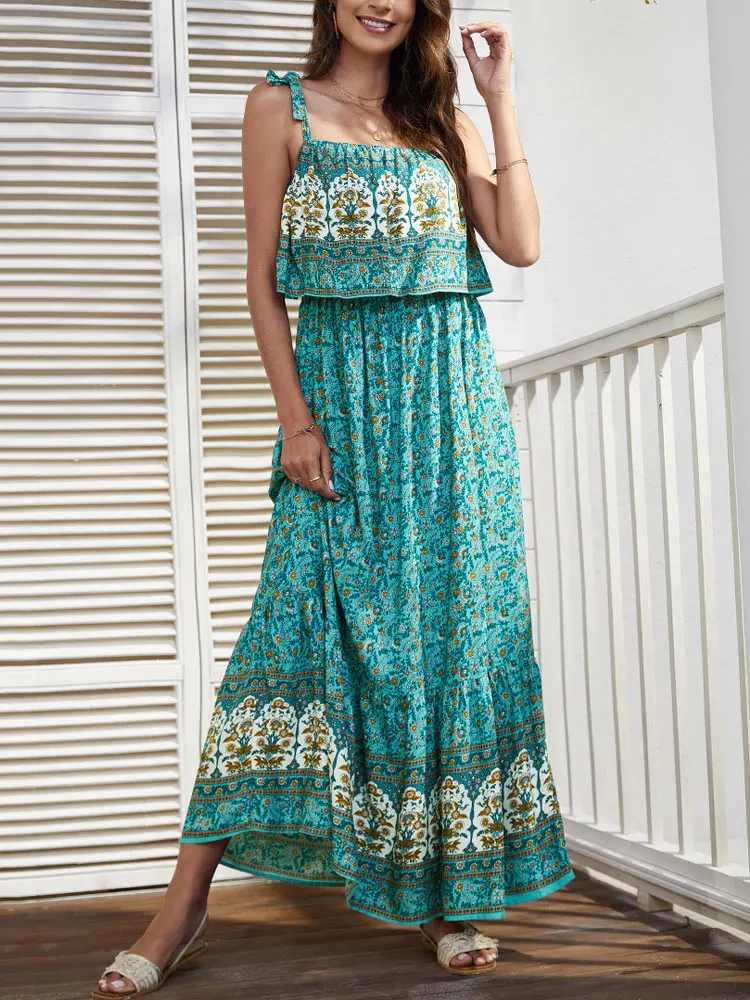 

Summer Boho Maxi Dress Women Floral Elegant Long Party Dress Ladies Spaghetti Strap Bohemian Flower Dress For Women