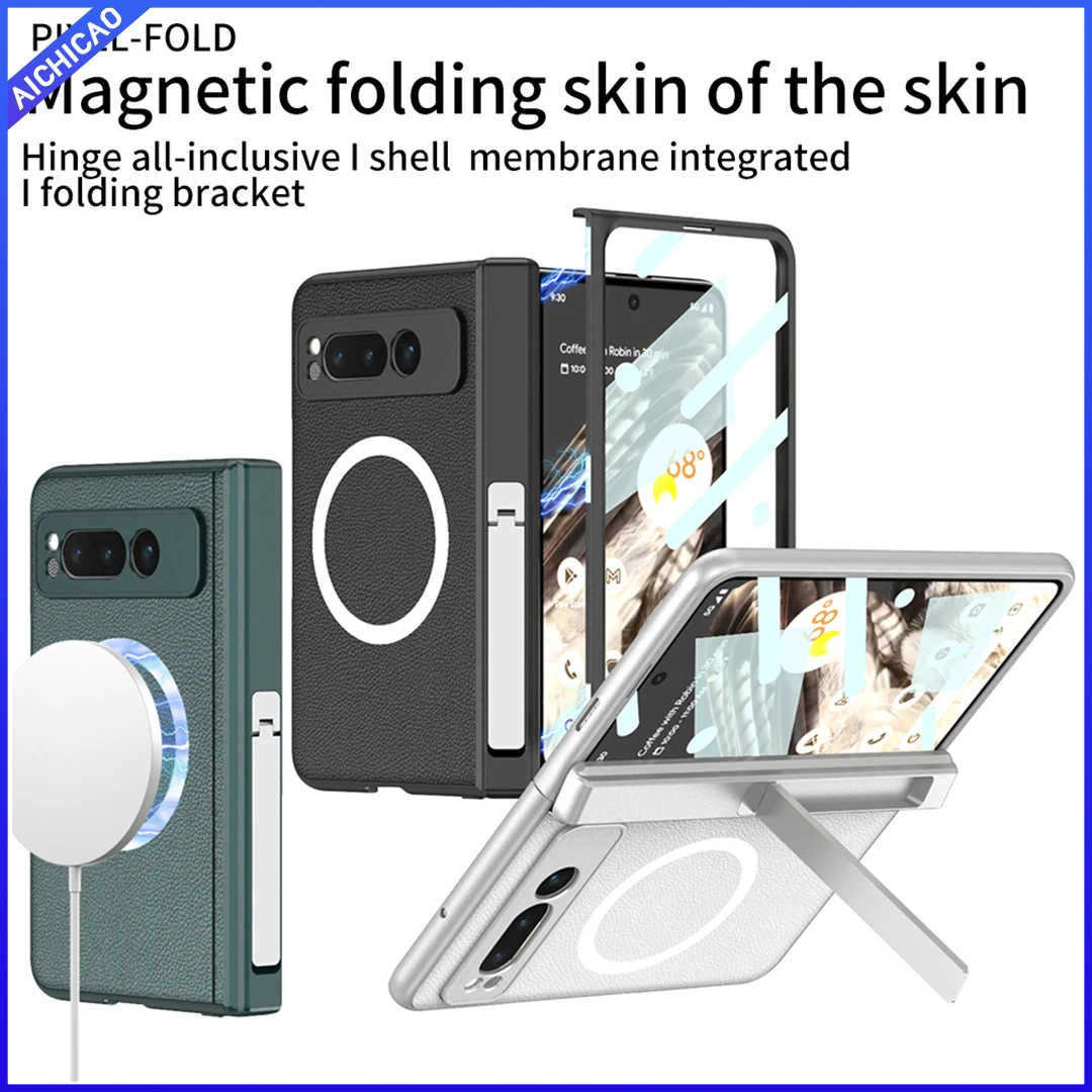 

ACC-Magsafe Wireless Charging Case For Google Pixel Fold Magnetic Hinge Hard Leather Cover with Kickstand and Screen protector