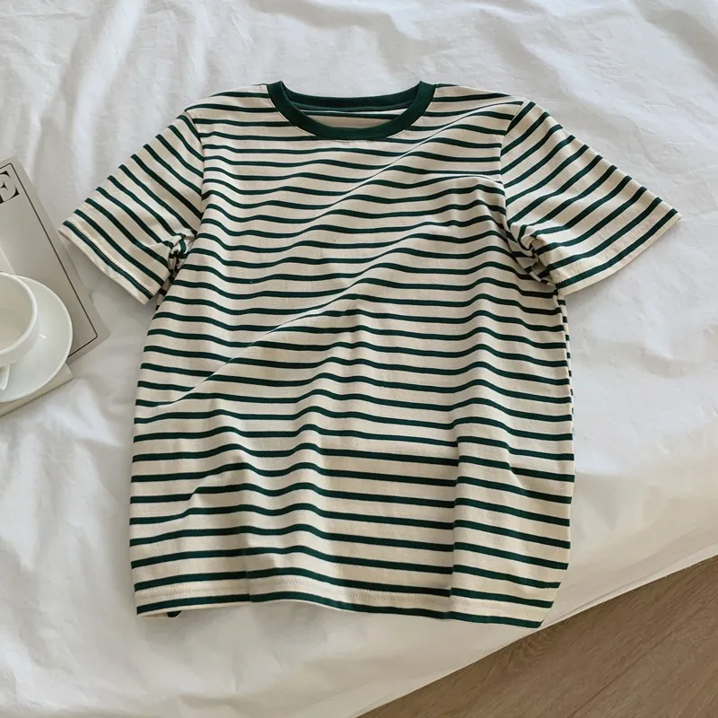 

Women Loose Slim All-match Bottoming T-shirt 2022 Summer New Cotton High Quality Vintage Green Striped Short Sleeves Korean Tops