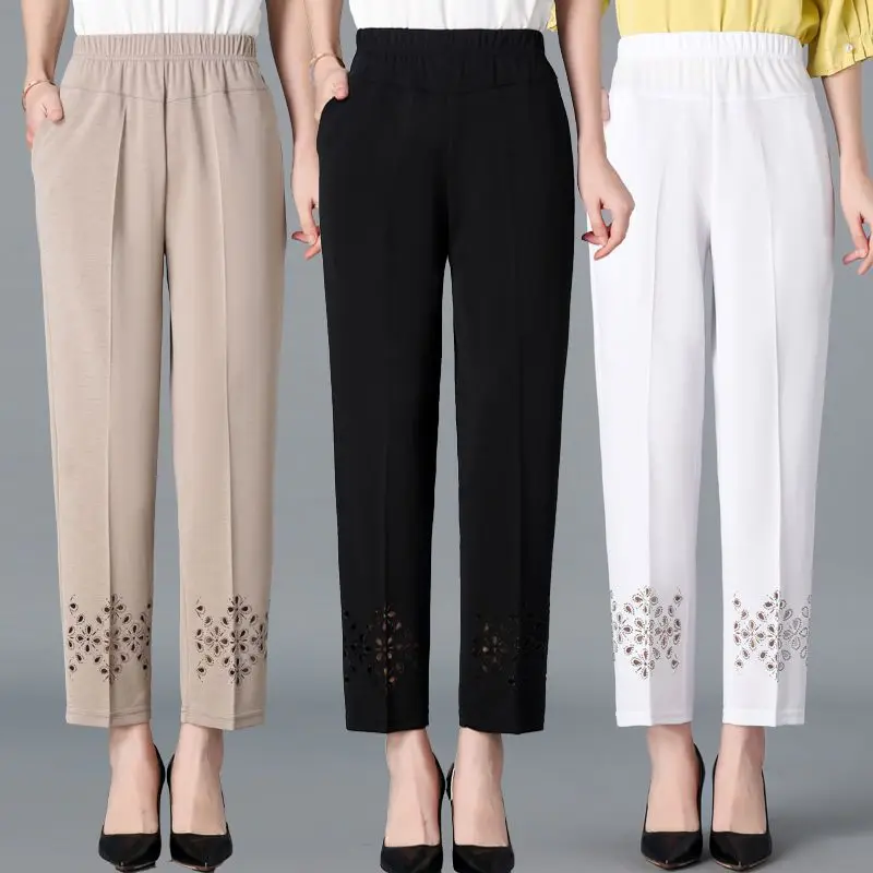 

2023 Spring Summer Middle Aged Women High Waist Elastic Straight Pants Female Loose Formal Elegant Office Lady Trousers Q300
