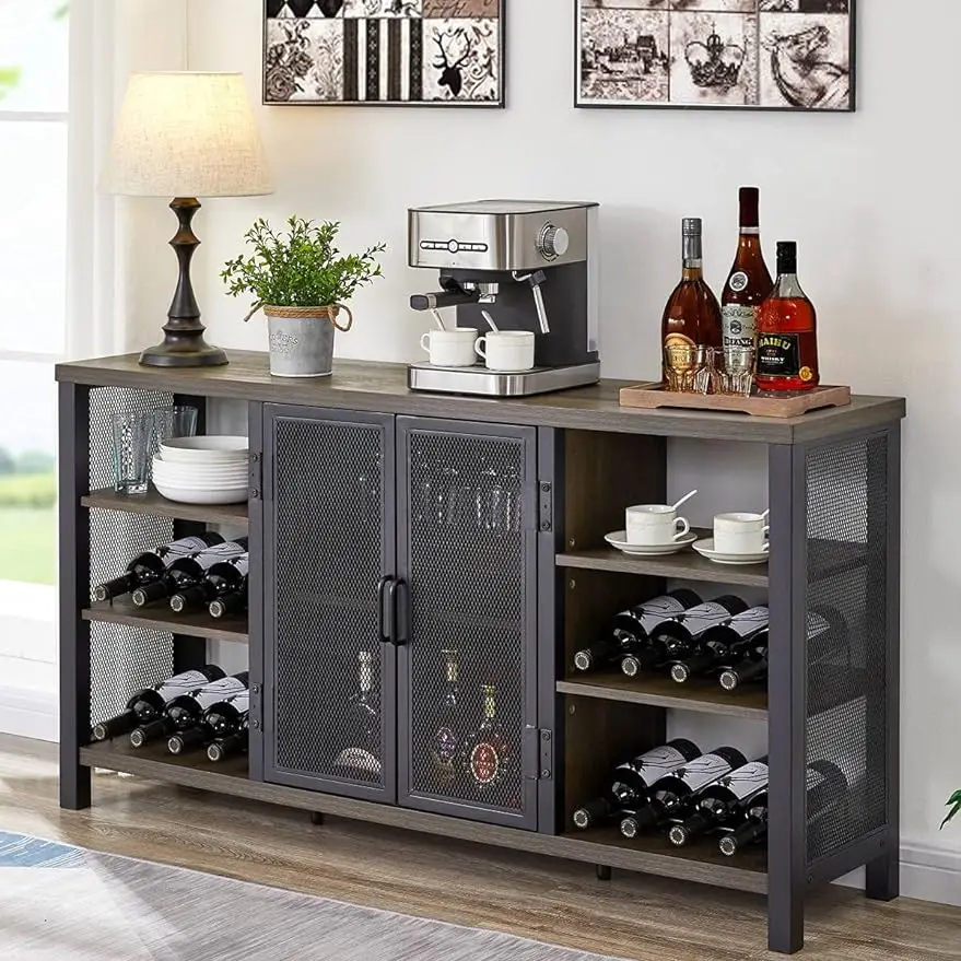 

FATORRI Industrial Wine Bar Cabinet for Liquor and Glasses, Farmhouse Metal Sideboard & Wood Coffee/Buffet Cabinet with 32.48''H