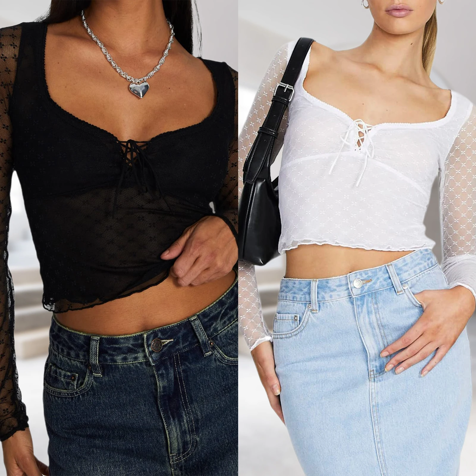

Women Lace Mesh See-Through T-Shirts Casual Low Cut Summer Fashion Tops Lace Trim Long Sleeve Crop Tops Fashion Party Clubwear