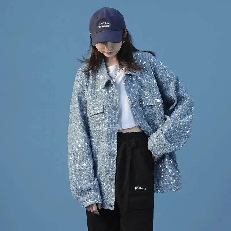 

Casual jacket,2023 new,Korean Shiny Sequins Jean Jacket Women Denim Jackets Female Vintage Loose Frayed Denim Coat Girls Casual