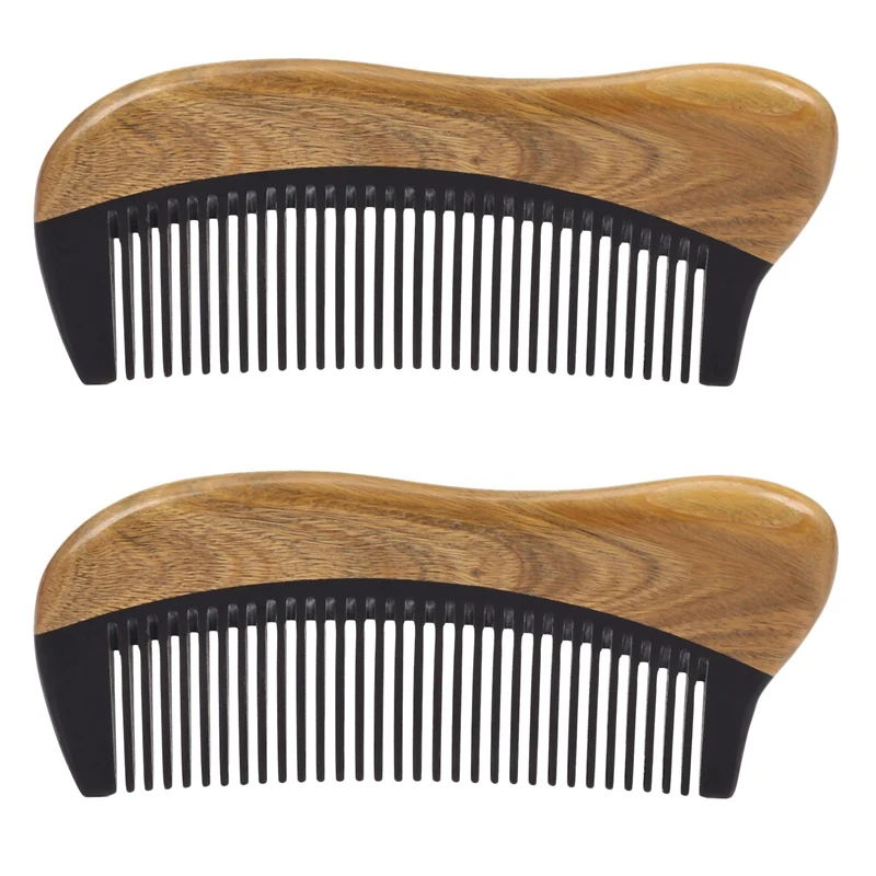 

2X Natural Green Sandalwood Hair Comb - No Static Wooden Fine Tooth Black Buffalo Horn Comb (Green Sandalwood)