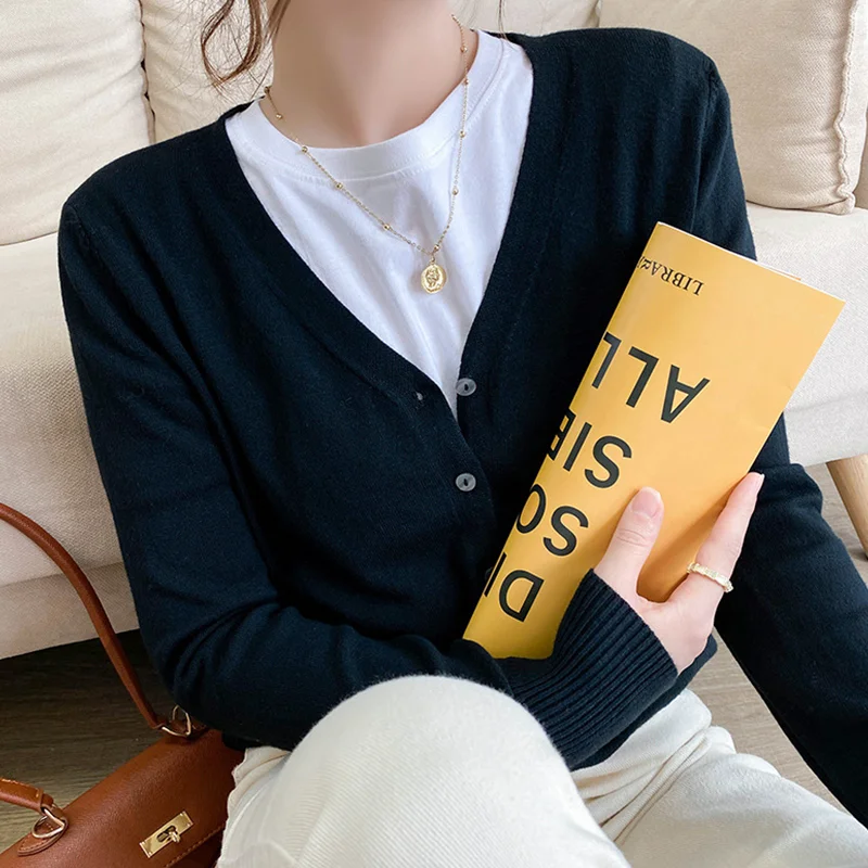 

Женский однобортный Кардиган, свободный однотонный розовый свитер с V-образным вырезом, вязаная одежда, весна-осень 2023