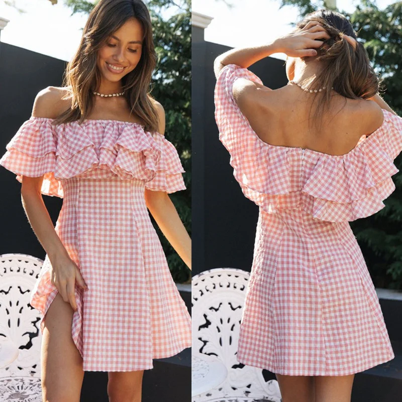 

Ruffle Off Shoulder Gingham Pink Dress for Women A-line Ladies Checked Vintage Summer Beach Dress Vestidos 2022