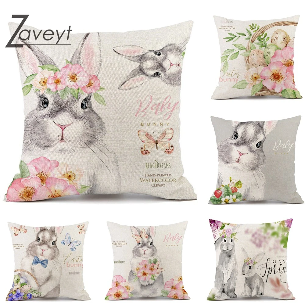 

16/18/20/24" Easter Bunny Pillow Cover Cartoon Rabbit Bunny Easter Decor Linen Throw Pillow Case Butterfly Flower Cushion Cover