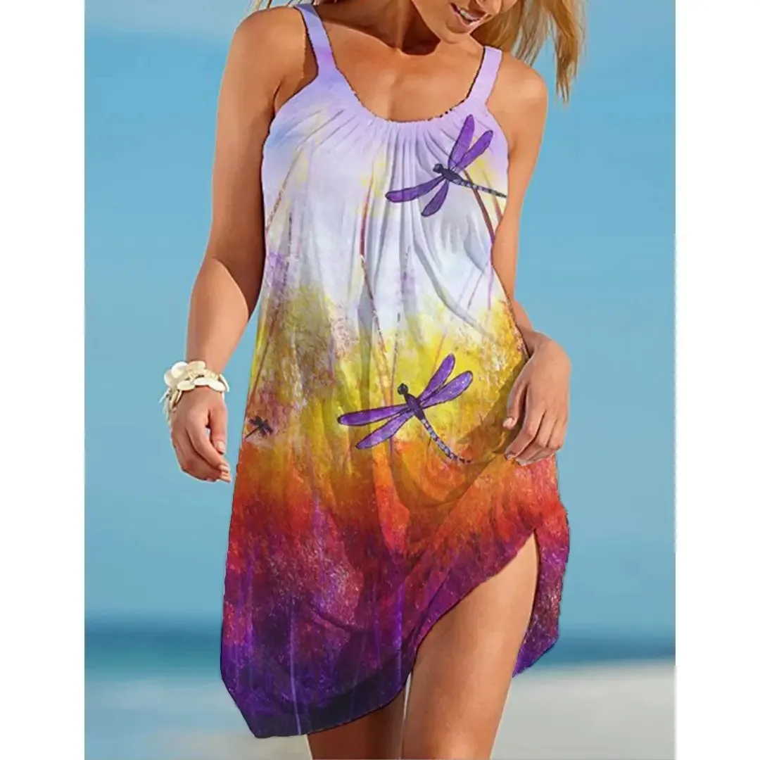 

Женское платье с лямкой на шее, повседневное пляжное платье с 3d принтом стрекозы, с квадратным вырезом, в гавайском стиле, Крутое модное вече...