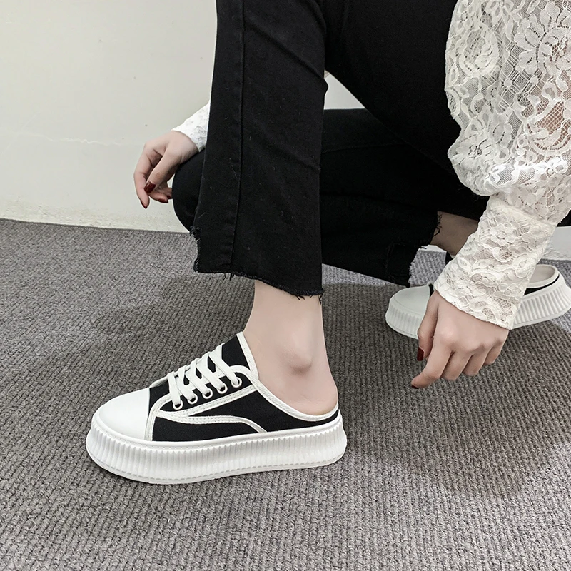 

New Slippers Platform Flats Women's Med Slippers Women's Toe Slippers Loafers 2022 Summer Oversized Canvas Rubber