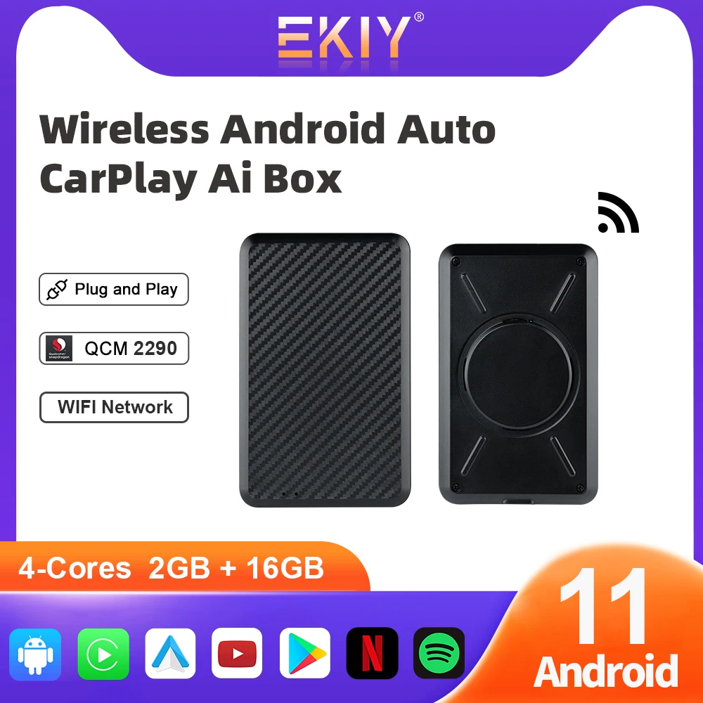 

EKIY Carplay Andoroid 11 Wireless Carplay & Android Auto Adapter Netflix YouTube QCM2290 4-Core 2+16GB Car Play Mini Ai Box