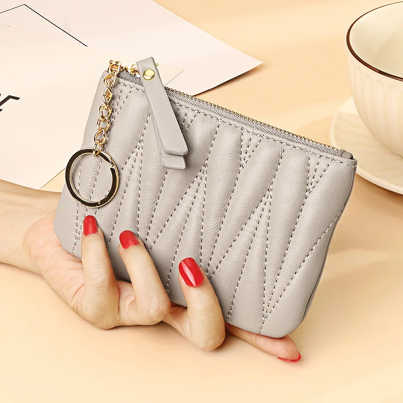 Fashion sheepskin short wallet ultra-thin plaid coin key storage bag zipper coin purse female genuine leather