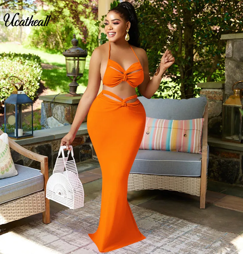 

Fashion Sexy Solid Color Wrap Chest Two Piece Dressset For Women Halter Crop Top And Maxi Long Skirt 2 Piece Set High Split