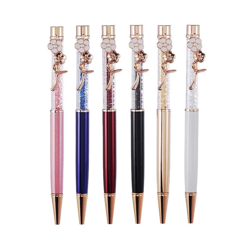 50Pcs/Lot Creative Rose Gold Flower Clip Crystal Metal Ballpoint Pen For Wedding Party Gift Office School Stationery Custom Logo