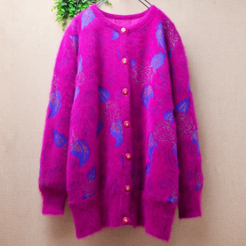 

04 Женский вязаный кардиган из ангорской шерсти с длинными рукавами-фонариками на осень и зиму