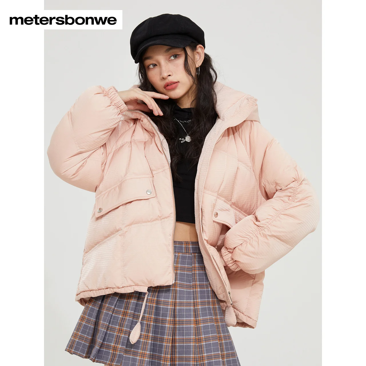 Metersbonwe Women's 22New Winter Arc Quilted Stand Collar Hooded Down Jacket Pure Color Short Loose Thick Warm Wear 80%Duck Down