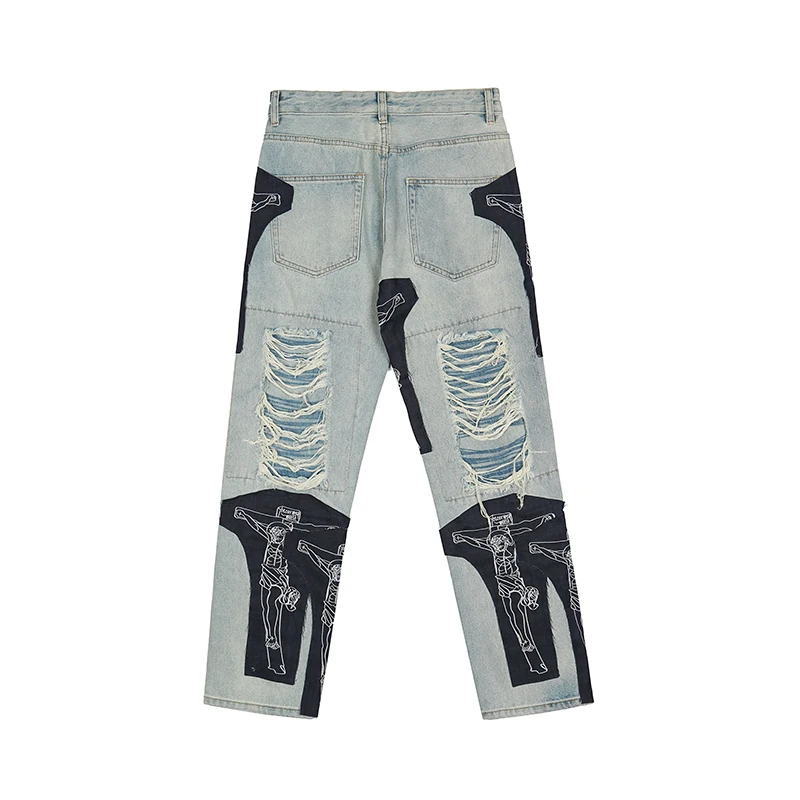 Jean Pants High Street Hole Fringe Embroidery Jeans Pants Mens Color Block Tassel Ripped Retri Denim Trousers Oversize Baggy
