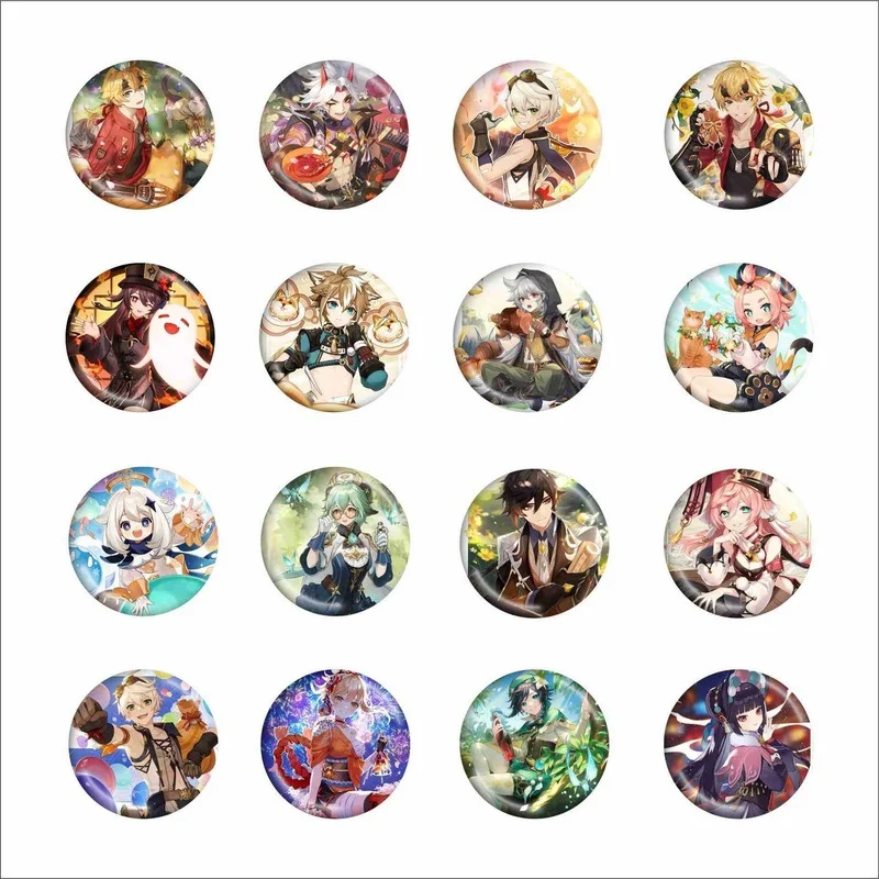

16Kinds Genshin Impact NEW Brooches Anime Character Badge Two-dimensional Brooch Pendant Gift Tinplate Broken Glass Film 58MM