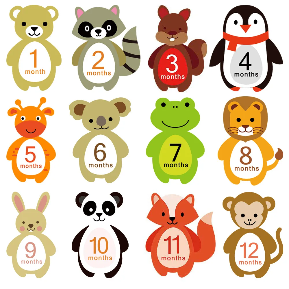 

12 Pcs 3D Month Cartoon Animals Sticker Baby Photography Milestone Monthly Newborn Kids Commemorative Number Photo Accessories