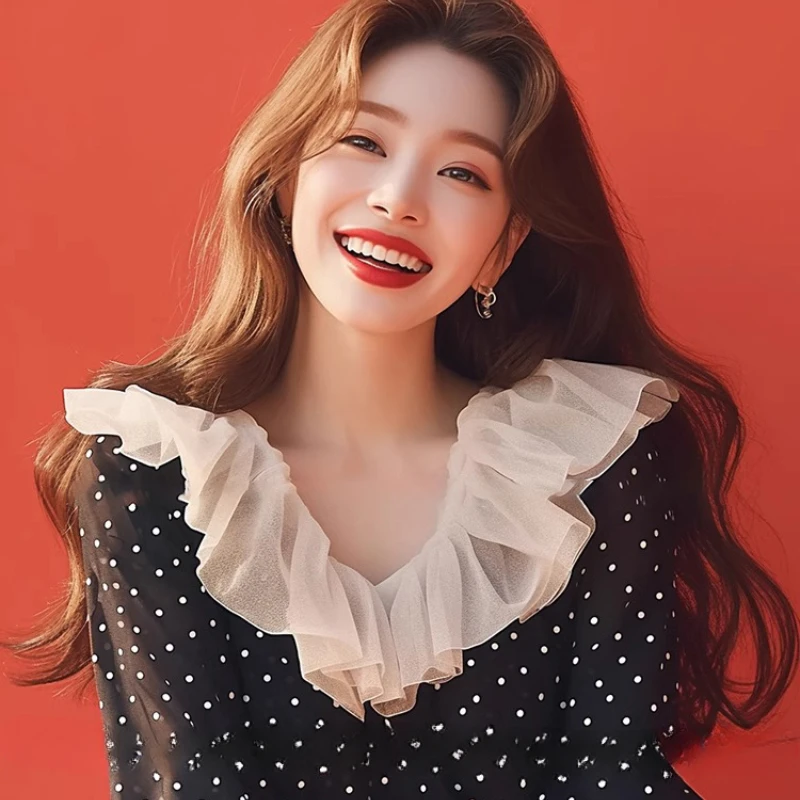 Шифоновые повседневные женские блузки весенне-осенние новые рубашки в горошек