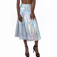 sparkle pu holographic skirts gradient color a line pocket summer sexy women slim long skirt music festival streetwear harajuku