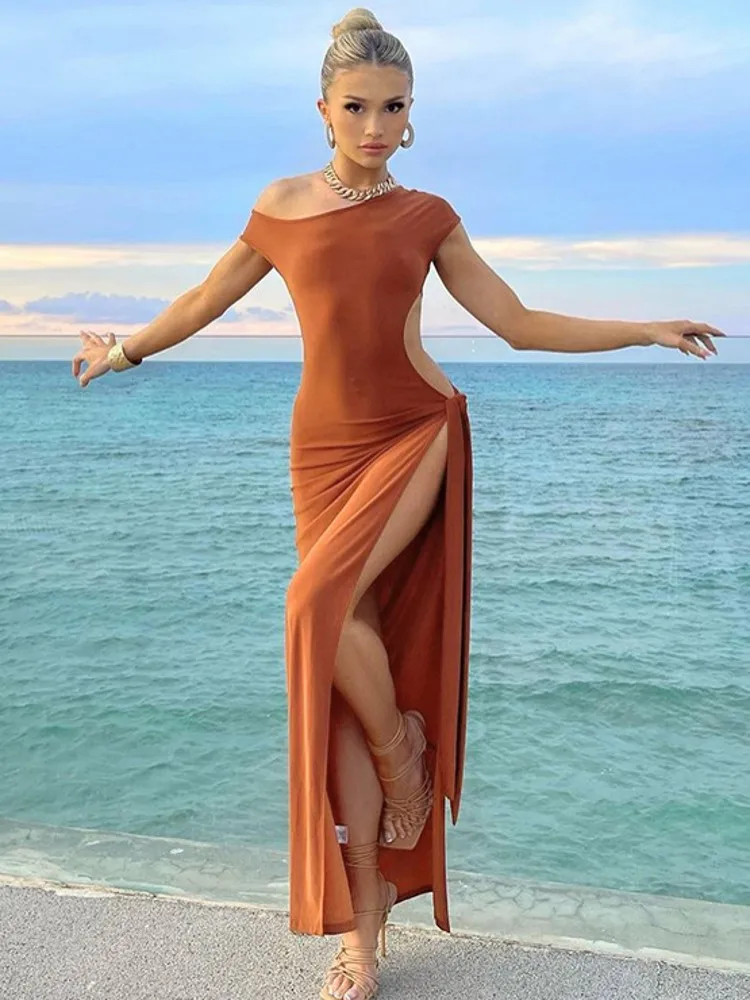 

Summer Cove-up Long Dress Women Side Lace Up Hollow Split Robe Bathing Suit Summer New Solid Sexy Beach Holiday Bikini Cover Ups