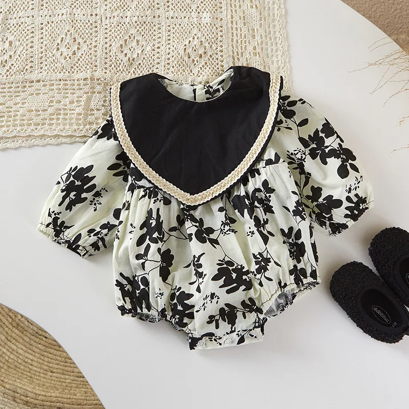 

Baby Girls Flower Print Sweet Rompers 2022 Summwe New Fashion Heart Neck Party Romper Casual Cotton Newborn Baby Girls Clothes