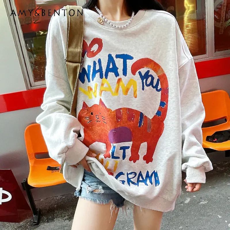 

Women's Large Size Cartoon Cat Round Neck Sweatshirt Loose Casual Thin Top Fashion Trend Pullover Sweatshirt Tops for Ladies