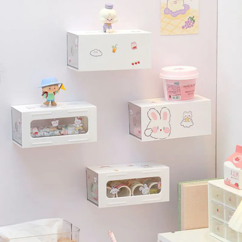 

Симпатичный прозрачный пластиковый органайзер для макияжа с наклейками, настенный ящик для ватных палочек и различных предметов, ящик для ...