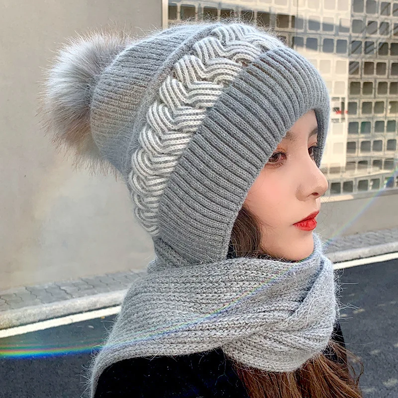 

Winter Rabbit Fur Caps for Women Together with Scarf Female Ear Protector Knit Skullies Beanies Double Layers Protection Caps